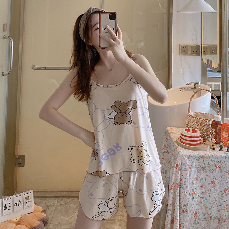 女士時尚簡約吊帶家居服睡衣兩件套