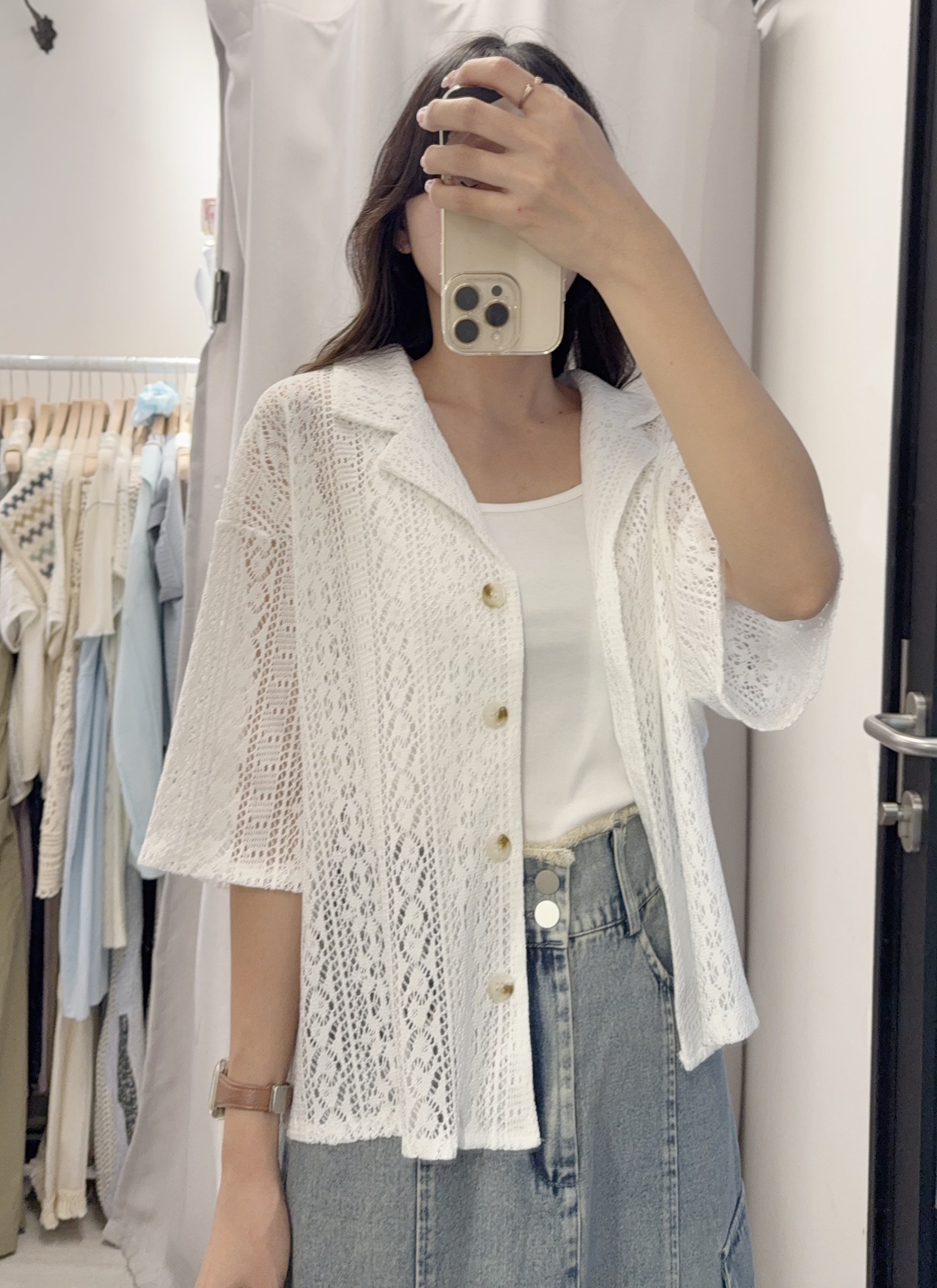 夏季 通花翻領開胸外套/上衣 – 可當外套或上衣,通花精緻