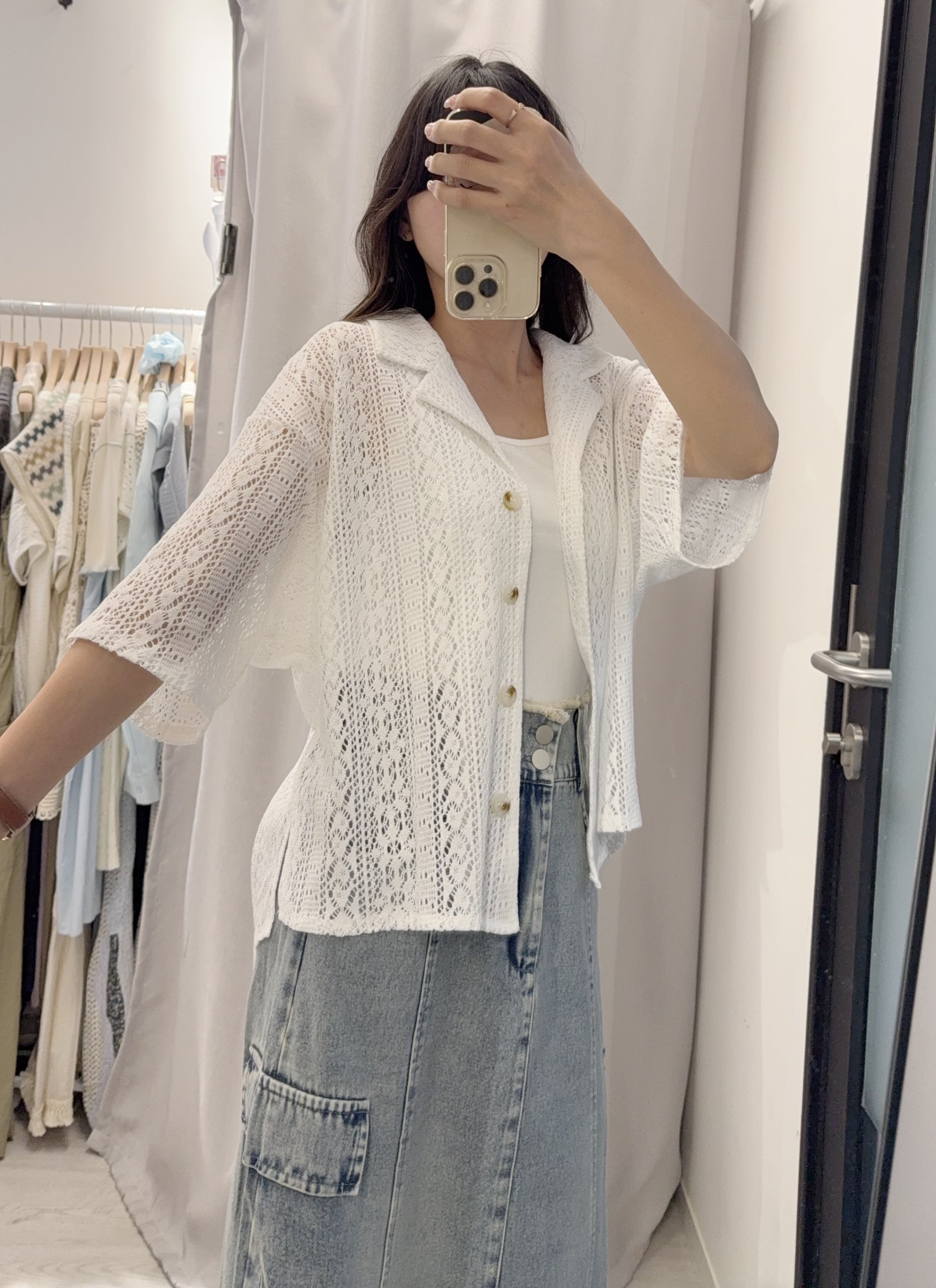 夏季 通花翻領開胸外套/上衣 – 可當外套或上衣,通花精緻 - Image 3