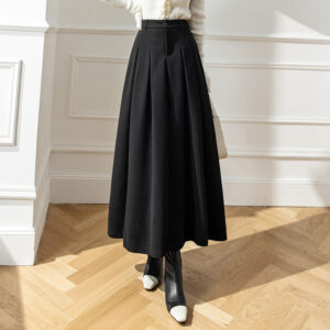 Alternative view of High Waist Korean Style Large Swing Pleated Slimming Woolen Long Skirt